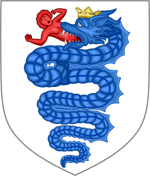 The coat of arms of the Visconti Dukes of Milan showing the biscione wearing a crown Arms of the House of Visconti (1395).svg