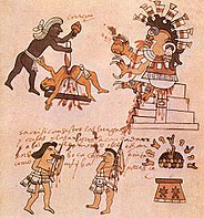 Aztec Bloodletting, priests conduct a heart sacrifice, from the Tudela Codex, 16th century. Aztec11 Bloodletting.jpg