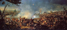Schilderij van een bloedige strijd.  Paarden en infanterie vechten of liggen op gras.