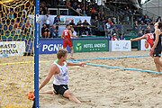 Deutsch: Beachhandball Europameisterschaften 2019 (Beach handball Euro); Tag 6: 7. Juli 2019 – Spiel um Platz Drei, Männer, Ungarn-Russland 2:0 (26:20, 23:22) English: Beach handball Euro; Day 6: 7 July 2019 – Men's Bronze Medal Match – Hungary-Russia 2:0 (26:20, 23:22)