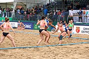 Deutsch: Beachhandball Europameisterschaften 2019 (Beach handball Euro); Tag 5: 6. Juli 2019 – Frauen, Platzierungsspiel für die Ränge 17–20, Nordmazedonien-Slowenien 0:2 (10:13, 9:15) English: Beach handball Euro; Day 5: 6 July 2019 – Placement Match/Cross Match for rank 17–20 Women – North Macedonia-Slovenia 0:2 (10:13, 9:15)