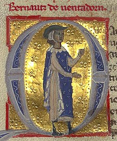 Miniatúra zobrazujúca Bernarta de Ventadorna, Chansonnier provençal [Chansonnier K] (manuskript č. 12473), fol. 15v, 13. storočie, dnes Bibliothèque Nationale, Paríž