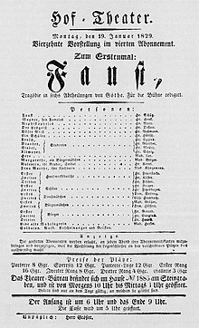 Theaterzettel der Uraufführung von Goethes „Faust I“ im Braunschweiger Hof-Theater am 19. Januar 1829. (Quelle: Wikimedia)