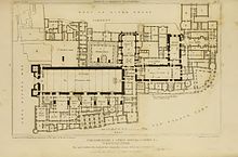 Plan of the Palace of Westminster in 1834, showing the position of the House of Lords (in the White Chamber), the House of Commons (in St Stephen's Chapel), Westminster Hall, the Painted Chamber, the Speaker's House and the Exchequer. Brayley Plate II.jpg