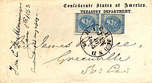 Confederate Treasury Department cover. Various departments of the Confederate government used envelopes which were printed with the names of their department. Examples where the words 'Official Business' occurs are common. CSA Treasury 1863 JD-Richmond.jpg