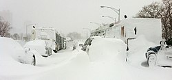 A Chicago snowstorm in 2011 Cars covered in Snow on Lake Shore Drive Chicago Feb 2 2011 storm.JPG