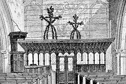 Two corn-dolly-like garlands formerly stood in the rood loft, as illustrated in 1823.[citation needed]