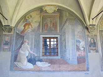 Fresco in the Basilica of Santa Maria Novella showing Saint Dominic with a discipline in his hand, kneeling before a crucifix Chiostro grande di smn, lato nord 05 cosimo gamberucci, flagellazione di s. domenico, 1581-84, 01.JPG