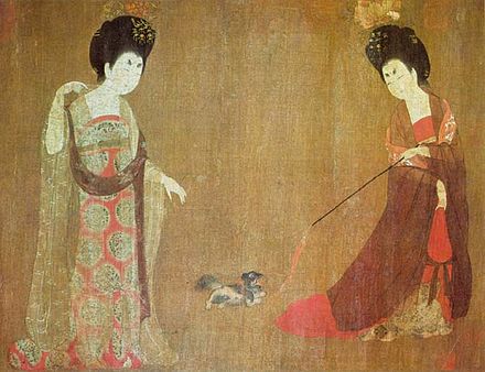 Court ladies playing with a small dog, Beauties Wearing Flowers by Tang Dynasty painter Zhou Fang