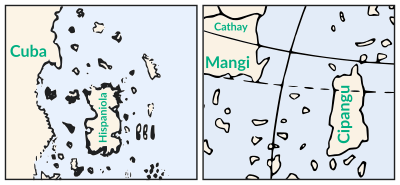 Side by side outlines of the map's depiction of the Caribbean and the Behaim globe's depiction of Asia's east coast show different coastlines but a similar arrangement of land masses.