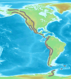 Kordillieerien suurimmat vuorijonot Amerikan länsilaidalla kuvassa ruskeilla viivoilla merkittynä