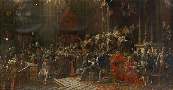 François Gérard, Le Sacre de Charles X (vers 1827), musée des Beaux-Arts de Chartres. Cérémonie organisée par Jean-Baptiste Isabey.