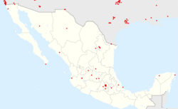 Map of Costco warehouses in Mexico, as well as parts of the US (January 2021) Costco footprint map Mexico 2021-01.png