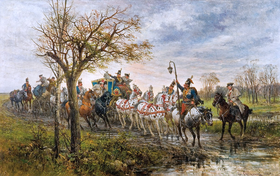 Journey of a Polish Lord During the Times of King Augustus III of Poland, by Jan Chelminski, 1880. Court of the Polish Lord during the journey in times of Augustus III the Saxon.PNG