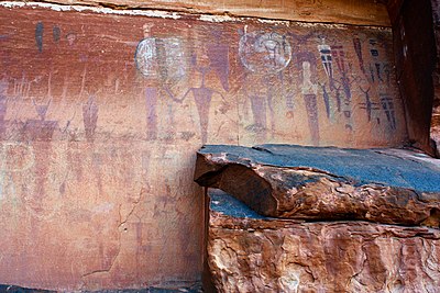 Courthouse Wash Panel, located above Moab, Utah in Arches National Park. This panel was extensively vandalized in 1980 using a steel wire brush. No one was convicted and the motive for the destruction is unknown. CourthouseWash.jpg