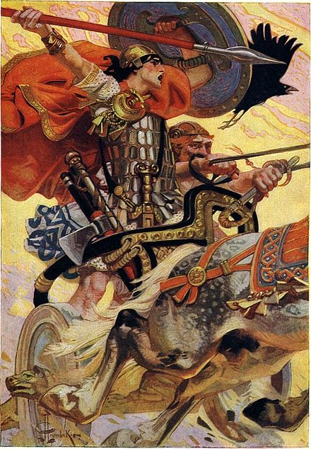 Cú Chulainn in Battle, illustration by J. C. Leyendecker in T. W. Rolleston's Myths & Legends of the Celtic Race, 1911. An artistic depiction of Iron Age Chariot warfare, though archaeological evidence of chariots have not been found in Ireland.[9]