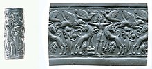 Cylinder seal and modern impression: Master of Animals between lions, griffins, Minoan genius. Thought to be from Cyprus Cylinder seal and modern impression- Master of Animals between lions, griffins, Minoan genius MET 1999.325.223.jpg