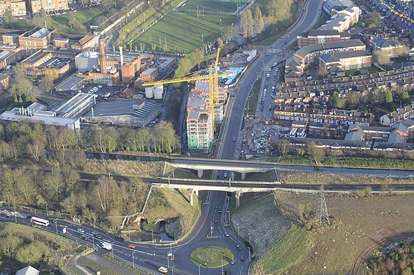 Aerial view of the new railway bridge (nearest to camera) and Ariel Aqueduct, over the diverted A38, taken in January 2013