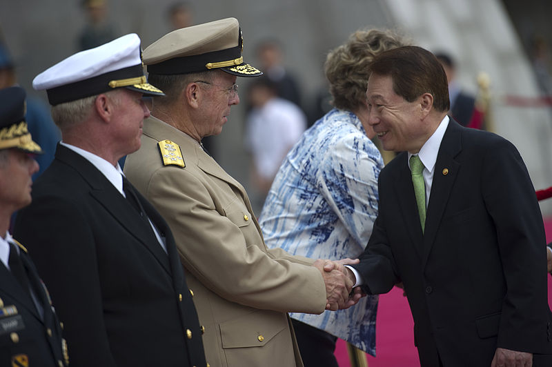 File:Defense.gov News Photo 100721-N-0696M-366 - Chairman of the Joint Chiefs of Staff Adm. Mike Mullen greets South Korean Foreign Minister Yu Myung-hwan during a memorial ceremony at the War.jpg