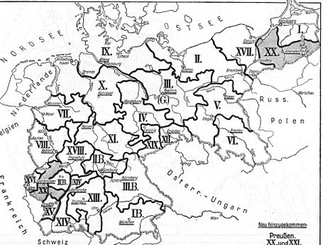 Carte des Korpsbereiche (en grisé : les deux nouveaux corps créés en 1912).
