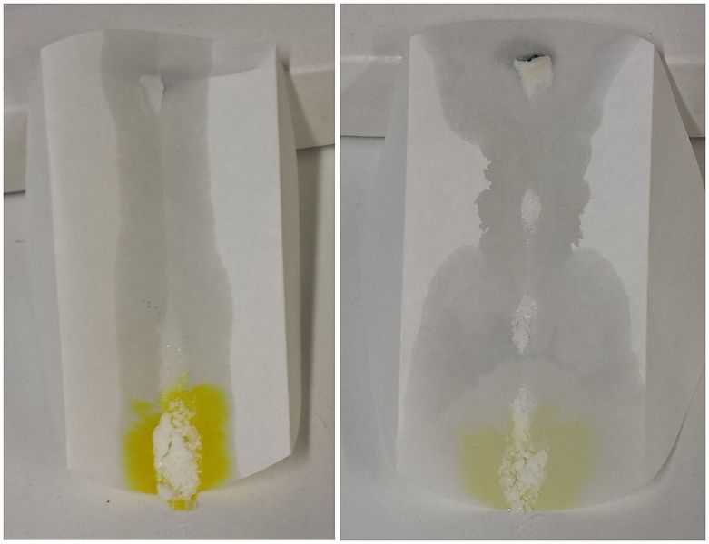 File:Die "Bismutrutsche". Links eine Blindprobe mit BiCl3, rechts eine Analysesubstanz.jpg