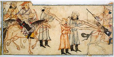 Painting of Mongol riders with prisoners from the 14th century