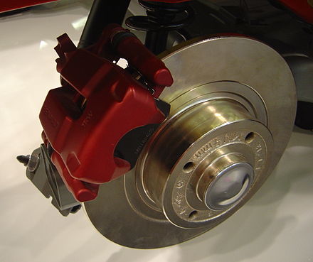Close-up of a disc brake on a car