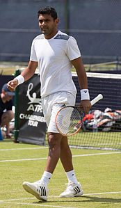 Divij Sharan of India playing doubles with Yuki Bhambri at the Aegon Surbiton Trophy in Surbiton, London.