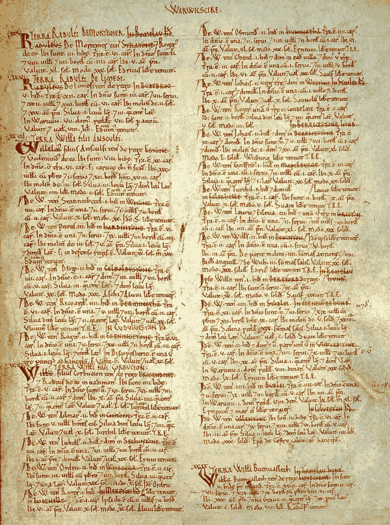 The Domesday Book records 74 manors given to Walter D'Aincourt. This page refers to Warwickshire, as titled at the top. Domesday Book - Warwickshire.png