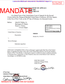 Appellate mandate issued by the United States Court of Appeal for the Second Circuit affirming an order of the United States District Court for the Southern District of New York in Steven Donziger's criminal contempt case. Donziger mandate.png