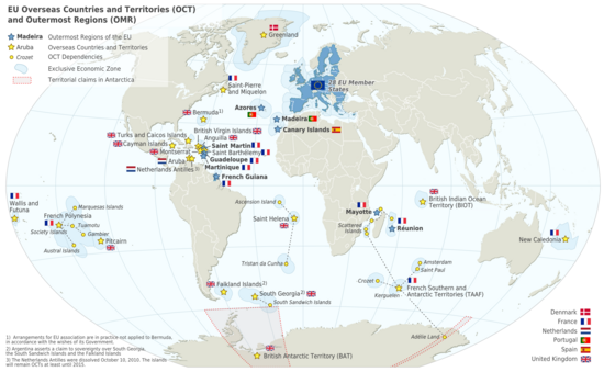 Map of the European Union in the world, with Overseas Countries and Territories and Outermost Regions. EU OCT and OMR map en.png