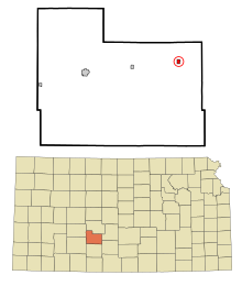 Edwards County Kansas Áreas incorporadas y no incorporadas Belpre Highlights.svg