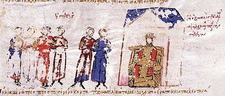Depiction from the Madrid Skylitzes showing Empress Theodora conferring with the Senate.