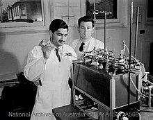 Frank Hird (right) was the third head of the department of biochemistry F. J. R. Hird and G. S. Sidhu 1957.jpg