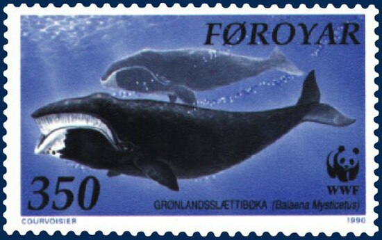 Stamp showing drawing of mother and calf from Faroe Islands