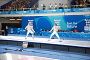 Deutsch: Fechten bei den Olympischen Jugend-Sommerspielen 2018: Tag 1, 7. Oktober 2018, Jungen, Säbel, Finale - Krisztián Rabb (HUN) - Hyun Jun (KOR) (USA) 15:13 English: Fencing at the 2018 Summer Youth Olympics at 7 October 2018 – Boys' sabre Gold medal match – Krisztián Rabb (HUN) Vs Hyun Jun (KOR) (USA) 15:13