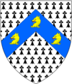 Arms of Fox (of Farley, Wiltshire), unaugmented: Ermine, on a chevron azure three fox's heads and necks erased or