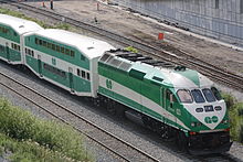 An MP40PH-3C in the old GO Transit livery. GO Transit and Sounder Commuter Rail operate this model. GO locomotive 623 outside Union Station.jpg