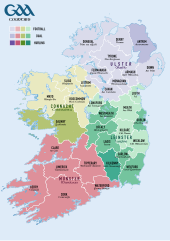 Counties contesting the All-Ireland Senior Football Championship (yellow), All-Ireland Senior Hurling Championship (blue), or both (green) Gaelic Games County Map.svg