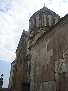 Gandzasar Monastery (13th century), northern side of the church Gandzasar closeup.jpg