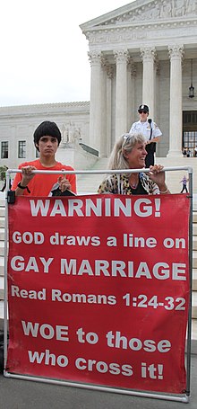 Conservative Christian protesters against same-sex marriage at the U.S. Supreme Court after Obergefell v. Hodges (June 2015) Gay marriage warning (19083064780).jpg