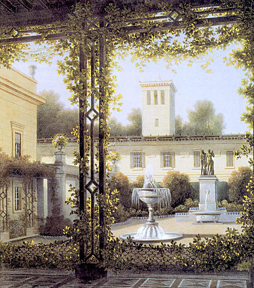 The garden courtyard in Glienicke, painting by August C. Haun after Wilhelm Schirmer, 1837