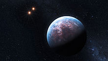 Artist's impression of Gliese 667 Cb with the Gliese 667 A/B binary in the background Gliese 667.jpg