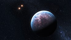 Illusztráció a Gliese 667 Cb-ről, a Gliese 667 A/B csillagokkal a háttérben