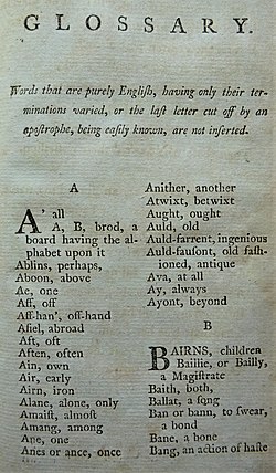 First page of the 'Glossary' Glossary from 'Poems' by David Sillar 1789.jpg