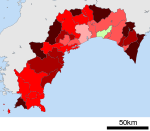 Growth rate map of municipalities of Kochi prefecture, Japan