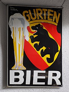 Gurten features a stylized Bern coat of arms in its advertising Gurten Bier Werbeschild, Fahrzeugmuseum Marxzell.JPG