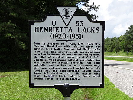 A historical marker memorializing Henrietta Lacks in Clover, Virginia