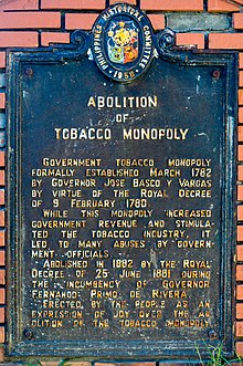 Historical Marker for the Abolition of Tobacco Monopoly Laoag City, Ilocos Norte Historical Marker Abolition of Tobacco Monopoly.jpg