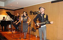 Amalia Hoje live at Fnac, in Porto, 2009. Ribeiro is the second from the left, Nuno Goncalves is playing the piano, and Sonia Tavares is the female singer. Paulo Praca is the first from the right. Hoje.jpg